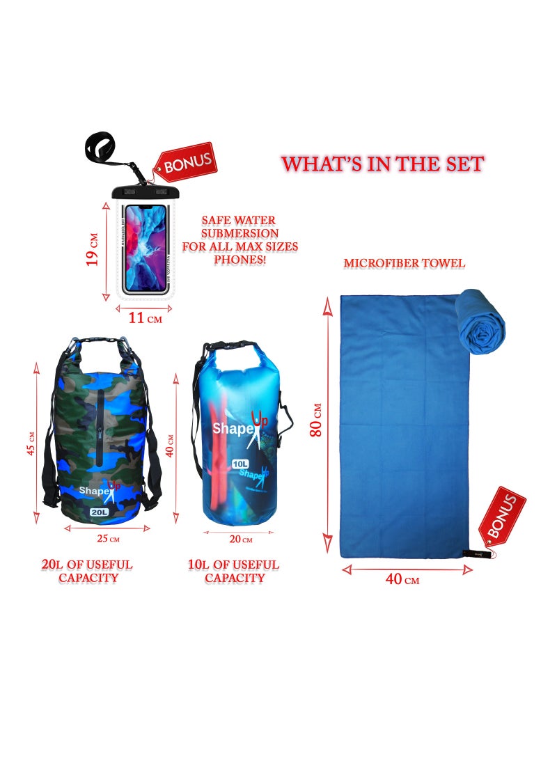 SHAPE UP - Waterproof Marine Dry Bag Backpack PVC 500 Tarpaulin 20L with pocket and 10L Shoulder Strap Roll Top Floating Dry Sack Boating Swimming with Towel and Phone Case Khaki Blue + Transparent Blue, - Image 1