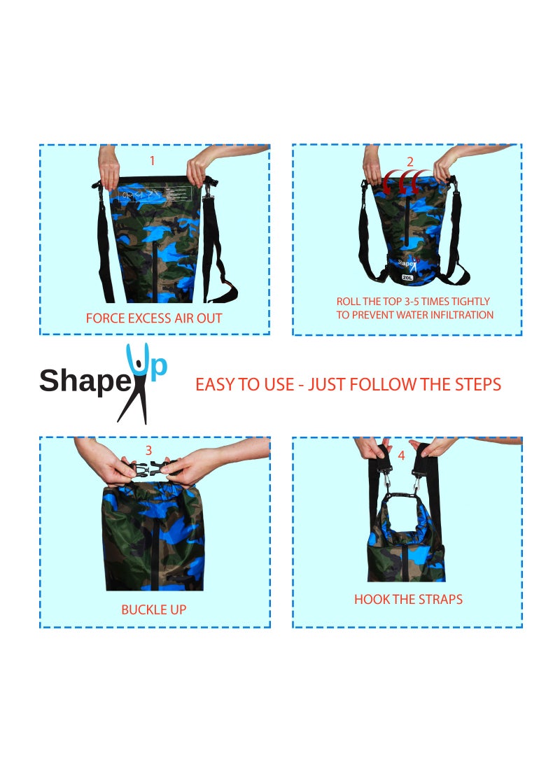 SHAPE UP - Waterproof Marine Dry Bag Backpack PVC 500 Tarpaulin 20L with pocket and 10L Shoulder Strap Roll Top Floating Dry Sack Boating Swimming with Towel and Phone Case Khaki Blue + Transparent Blue, - Image 1