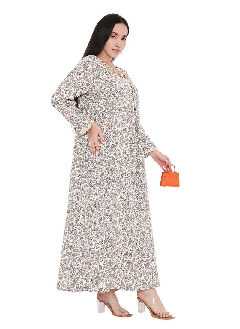 HANA & SARA ELEGANT FARASHA WITH UNIQUE THREAD EMBROIDERY AND STYLISH PRINTED MODEST ARABIC KAFTAN JALABIYA DRESS  - Image 1