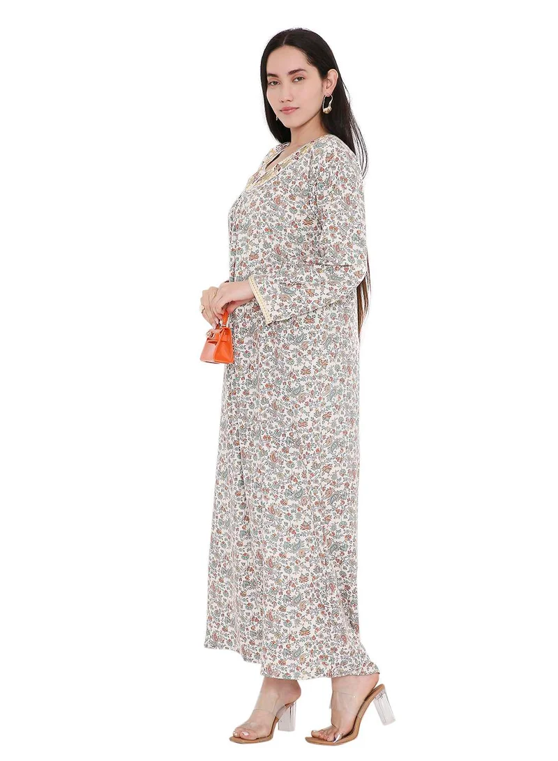 HANA & SARA ELEGANT FARASHA WITH UNIQUE THREAD EMBROIDERY AND STYLISH PRINTED MODEST ARABIC KAFTAN JALABIYA DRESS