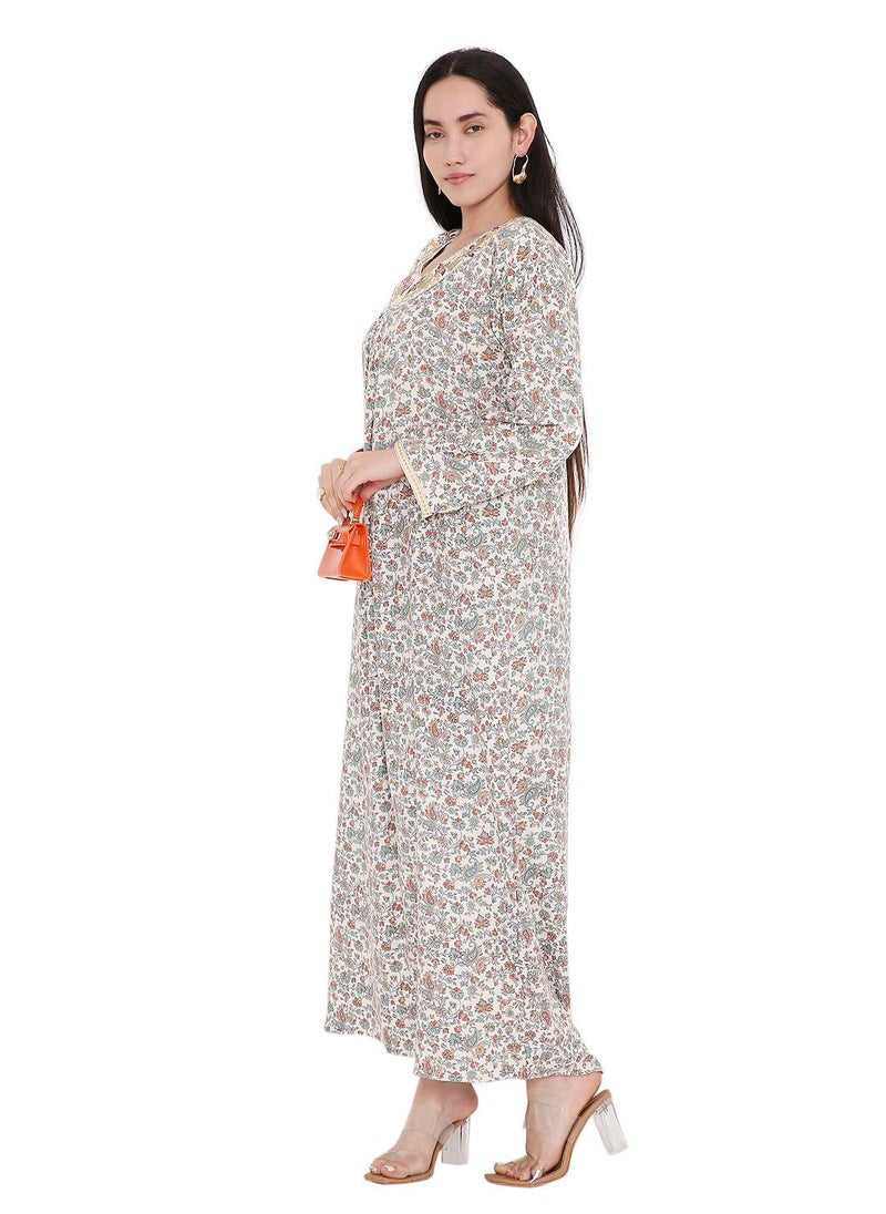 HANA & SARA ELEGANT FARASHA WITH UNIQUE THREAD EMBROIDERY AND STYLISH PRINTED MODEST ARABIC KAFTAN JALABIYA DRESS  - Image 5