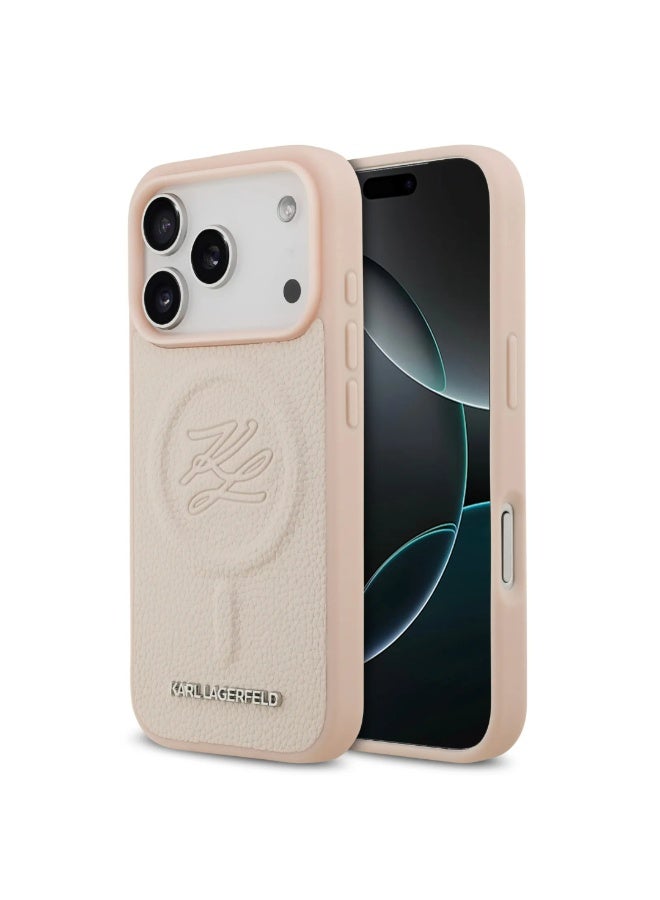 كارل لاغرفيلد حافظة آيفون  برو ماكس ماج سيف بغلاف خلفي من جلد البولي يوريثين بشعار ديبوسد وردي - Image 5