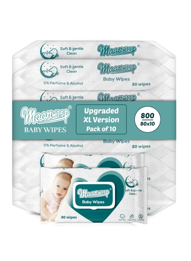 Moonwisp Baby Wipes [Upgraded XL Version] – Thicker, Premium Water-Based Wipes - Unscented, Alcohol-Free for Baby & All-Purpose Cleaning - Ultra-Soft Wet Tissue (Pack of 10-800 Count) - Image 1