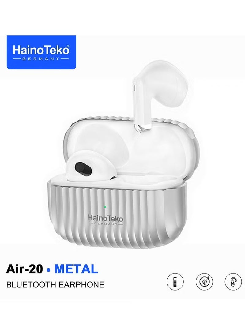Haino Teko Air-20 Metal Bluetooth Earphones with High Bass Music Technology, Super Clear Microphone, Multifunctional Touch Control, Compatible with Android Mobiles & Tablets, White - Image 1