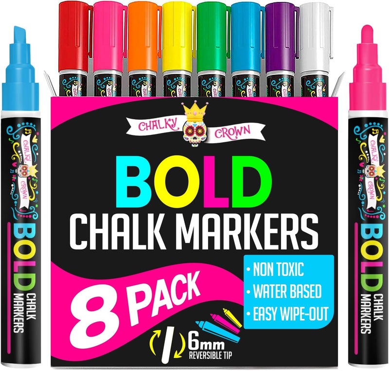 CHALKY CROWN Markers طباشير جريئة - أقلام ماركر قابلة للمسح - ماركرات طباشير سائلة للسبورات، اللافتات، النوافذ، السبورة السوداء، الزجاج، المرايا - ماركر سبورة مع طرف قابل للعكس (8 عبوة) - (متعدد الألوان، 6 مم) - Image 1