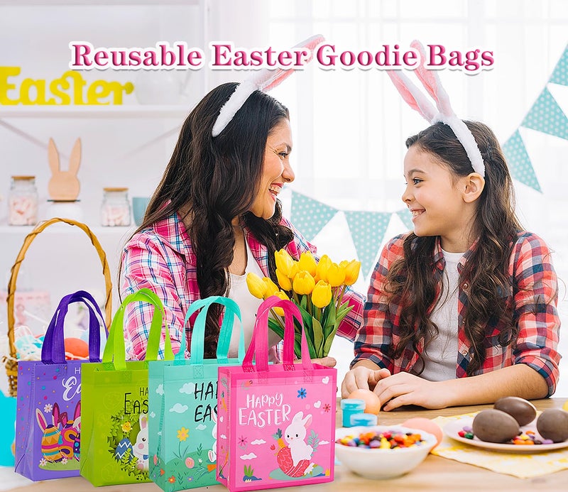 Jaywayang 4Pack Easter Non-woven Bags with Handle, Happy Easter Gift Bags for Kids, Reusable Goodie Bags, Rabbit Bunny Treat Bags, Party Supplies. - Image 4