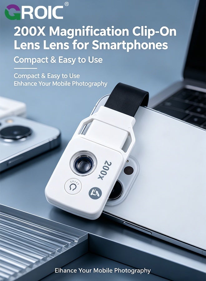 GROIC 200X Cell Phone Microscope Lens, Magnification Microscope Lens Mobile LED Light Micro Pocket Macro Lenses for All Smartphones (White) - Image 3