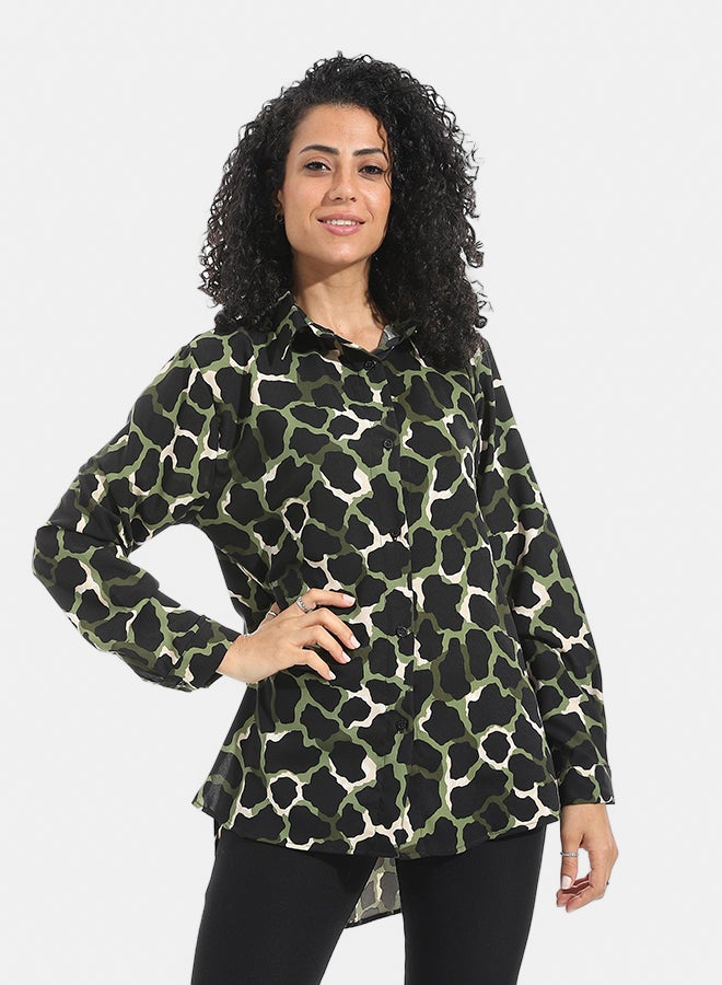 Andora Self Patteren Long Sleeves Turned Down Collar Shirt _ Green & Black & Brown - Image 2