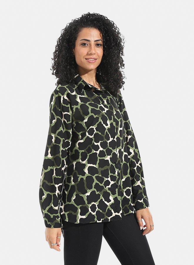 Andora Self Patteren Long Sleeves Turned Down Collar Shirt _ Green & Black & Brown - Image 1