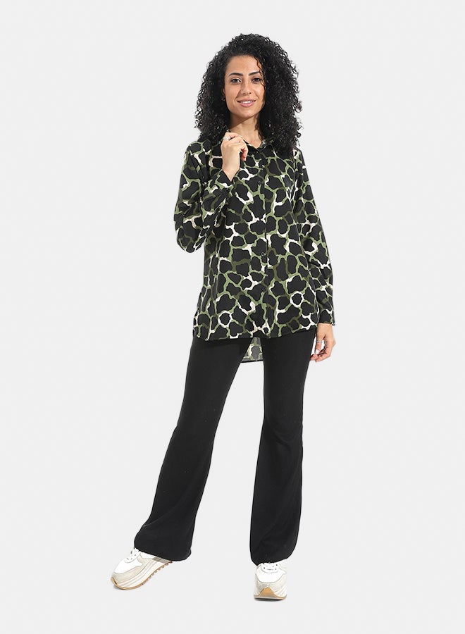 Andora Self Patteren Long Sleeves Turned Down Collar Shirt _ Green & Black & Brown - Image 5