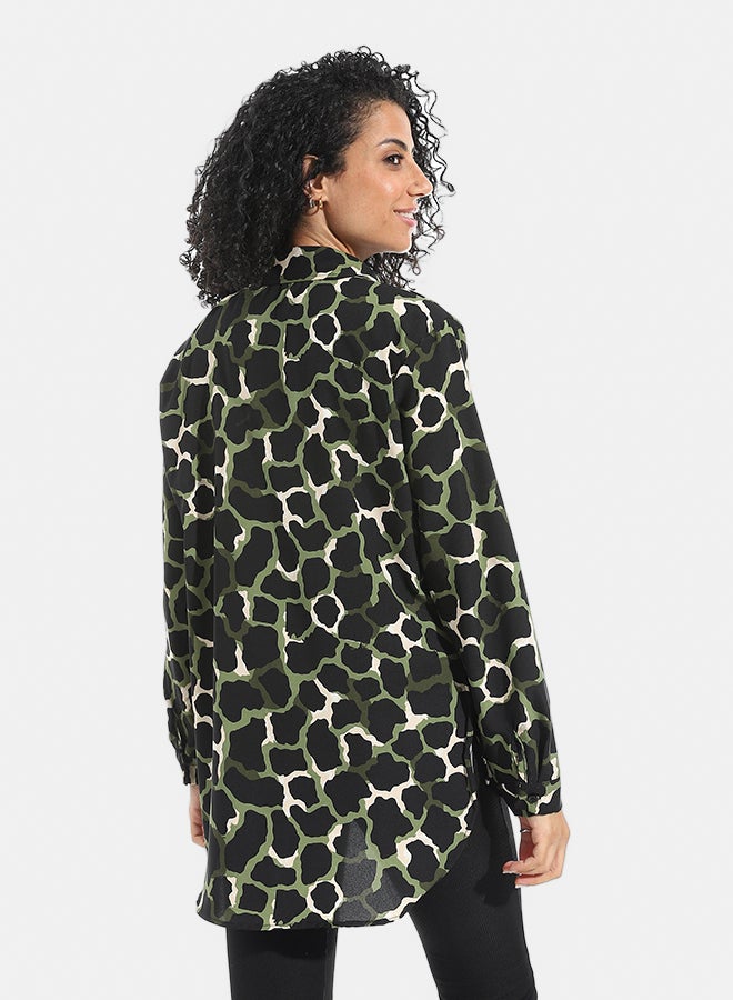 Andora Self Patteren Long Sleeves Turned Down Collar Shirt _ Green & Black & Brown - Image 3