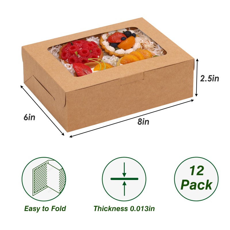 TOMNK 12pcs 8x6x2.5 Inches Brown Bakery Boxes with Window, Cookie Boxes for Chocolate Strawberries, Donuts, Cupcakes, Muffins and Dessert - Image 2