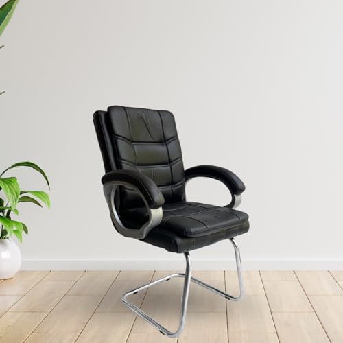 Binani Leather Executive Office Visitor Chair | Ergonomic Relax Chair for Study, Home, Reception| Comfortable Cushioned Seat Back, Double Pipe Frame with Arm Rest Guest Seating (1, Black, Star) - Image 1