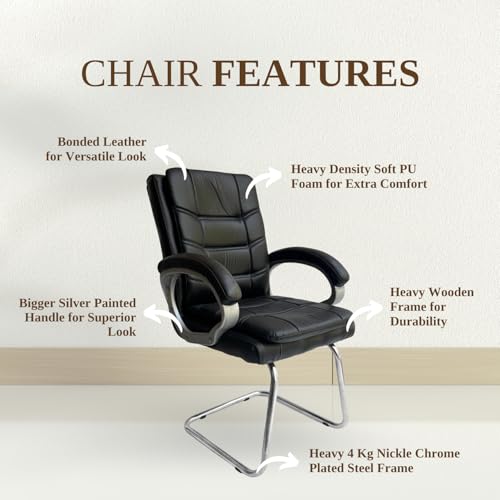 Binani Leather Executive Office Visitor Chair | Ergonomic Relax Chair for Study, Home, Reception| Comfortable Cushioned Seat Back, Double Pipe Frame with Arm Rest Guest Seating (1, Black, Star) - Image 3