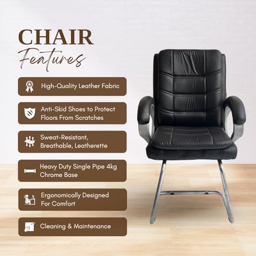 Binani Leather Executive Office Visitor Chair | Ergonomic Relax Chair for Study, Home, Reception| Comfortable Cushioned Seat Back, Double Pipe Frame with Arm Rest Guest Seating (1, Black, Star) - Image 4
