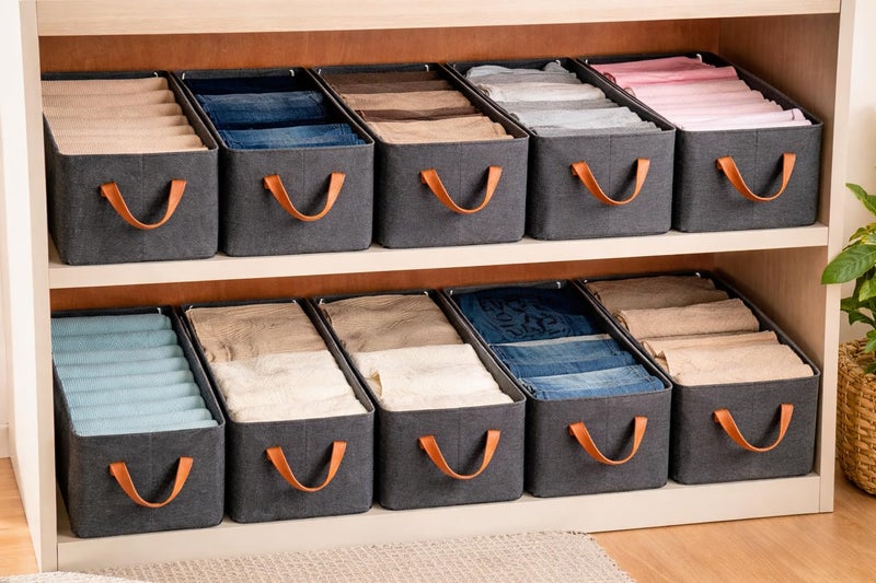 Closet Wardrobe Organizer for Clothes Storage, Fabric Storage Boxes with Metal Frame & Handles, Rectangle Shelf Organizers for Pants, Jeans and Sweaters, 3 Pack, Grey (10) - Image 1