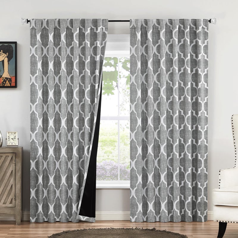 Beauoop 100% Blackout Curtains 84 Inches Long 2 Panels for Bedroom Living Room Grey Moroccan Geo Room Darkening Thermal Insulated Soundproof Rod Pocket Back Tab Window Treatments Drapes, 50x84 - Image 1