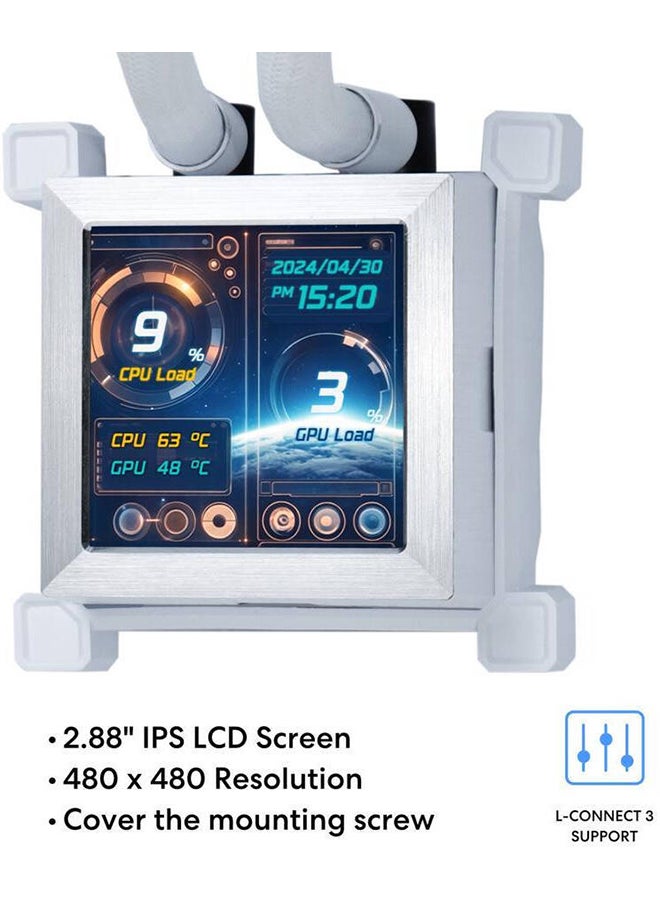 LIAN LI مبرد وحدة المعالجة المركزية السائل HydroShift LCD 360R AIO، مبرد 360 مم، شاشة IPS مقاس 2.88 بوصة، سرعة مضخة 3800 دورة في الدقيقة، سرعة مروحة 2400 دورة في الدقيقة، تدفق هواء 79.9 CFM، نوع محمل FBD  - Image 4