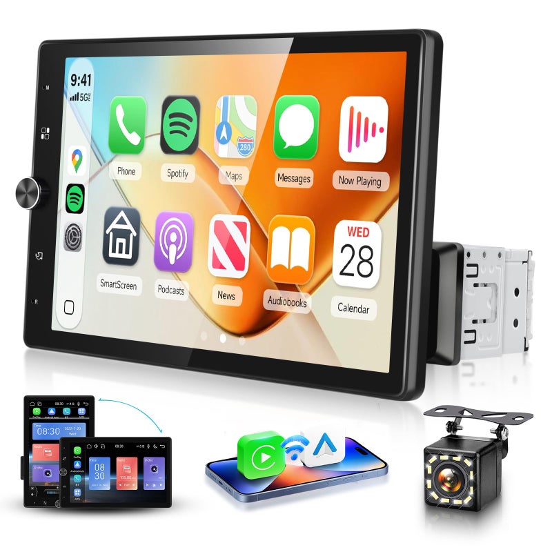 MAHVEC 10.4'' Single Din Car Stereo with Wireless CarPlay Android Auto, HD Rotation Touchscreen Radio with Bluetooth, USB, Mirror Link, SWC, Car Play, FM/RDS Radio, Backup Camera - Image 1