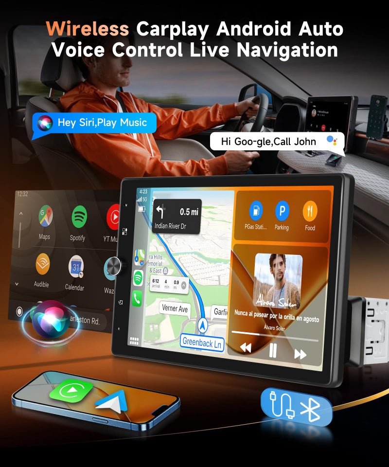 MAHVEC 10.4'' Single Din Car Stereo with Wireless CarPlay Android Auto, HD Rotation Touchscreen Radio with Bluetooth, USB, Mirror Link, SWC, Car Play, FM/RDS Radio, Backup Camera - Image 2