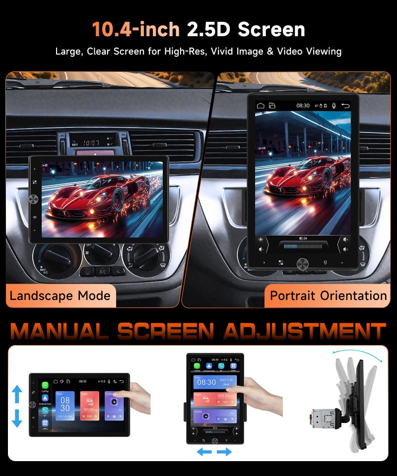 MAHVEC 10.4'' Single Din Car Stereo with Wireless CarPlay Android Auto, HD Rotation Touchscreen Radio with Bluetooth, USB, Mirror Link, SWC, Car Play, FM/RDS Radio, Backup Camera - Image 3