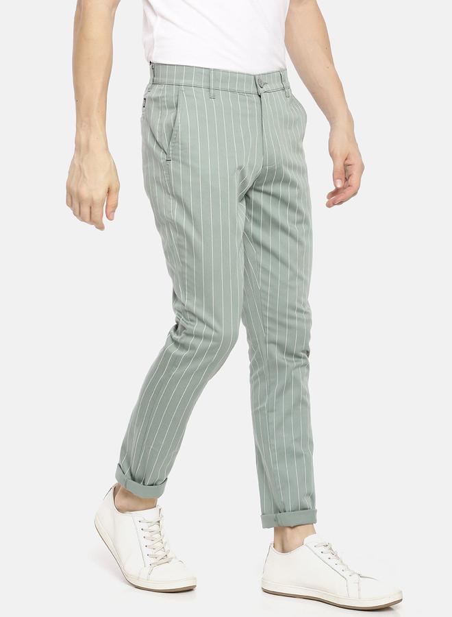 The Indian Garage Co Men Green Pinstripe Slim Fit Chino Pants - Image 2
