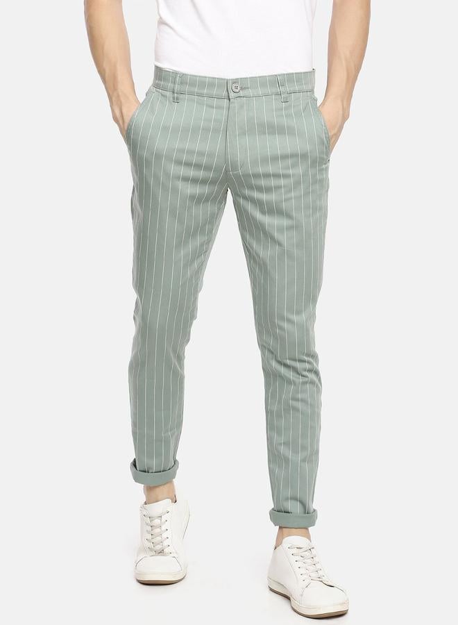 The Indian Garage Co Men Green Pinstripe Slim Fit Chino Pants - Image 1