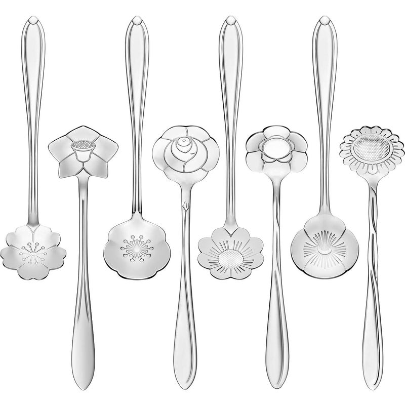 Chengu 8 Pieces Flower Coffee Tea Spoons Stainless Steel Sugar Spoons Tea Party Flower Fancy Tableware Set Stir Bar Creative Stirring Teaspoon, 8 Different Patterns(Silver) - Image 1
