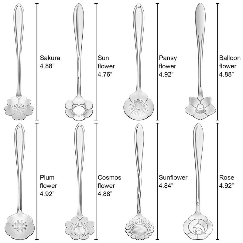 Chengu 8 Pieces Flower Coffee Tea Spoons Stainless Steel Sugar Spoons Tea Party Flower Fancy Tableware Set Stir Bar Creative Stirring Teaspoon, 8 Different Patterns(Silver) - Image 2