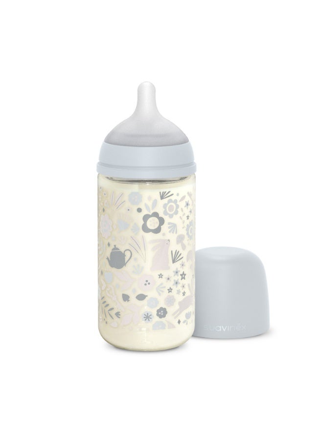 SUAVINEX Glass Baby Feeding Bottle with Medium Flow Physiological Nipple Teat, Mimics Natural Breastfeeding Experience, +3 Months 240ml - Blue - Image 1