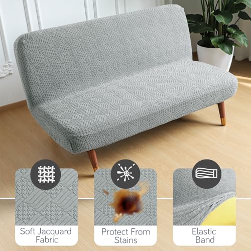 HOKIPO Stretchable Armless Sofa Cum Bed Cover, Spandex Jacquard Futon Slipcover, Folding Sofa Bed Protector, Elastic & Washable Couch Cover, Large, Light Grey (AR-6036-LGRY) - Image 5