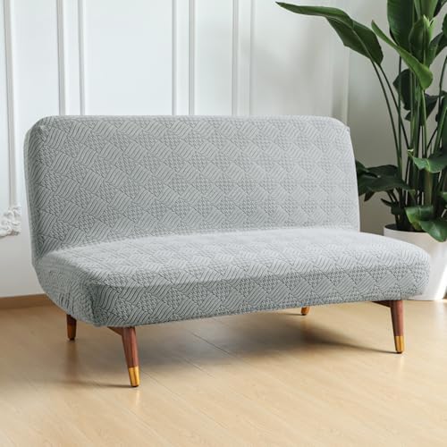 HOKIPO Stretchable Armless Sofa Cum Bed Cover, Spandex Jacquard Futon Slipcover, Folding Sofa Bed Protector, Elastic & Washable Couch Cover, Large, Light Grey (AR-6036-LGRY) - Image 1
