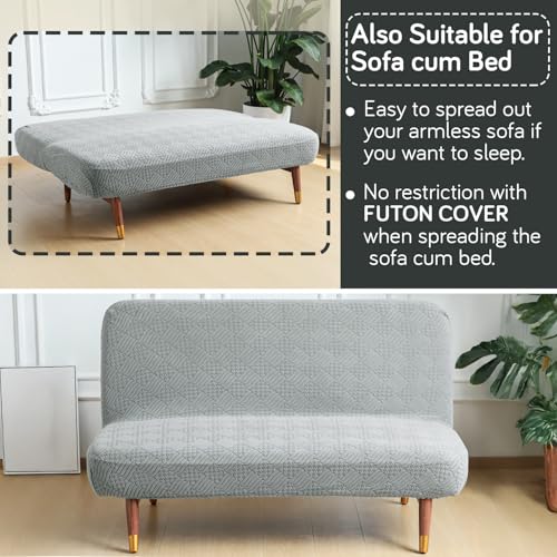 HOKIPO Stretchable Armless Sofa Cum Bed Cover, Spandex Jacquard Futon Slipcover, Folding Sofa Bed Protector, Elastic & Washable Couch Cover, Large, Light Grey (AR-6036-LGRY) - Image 4