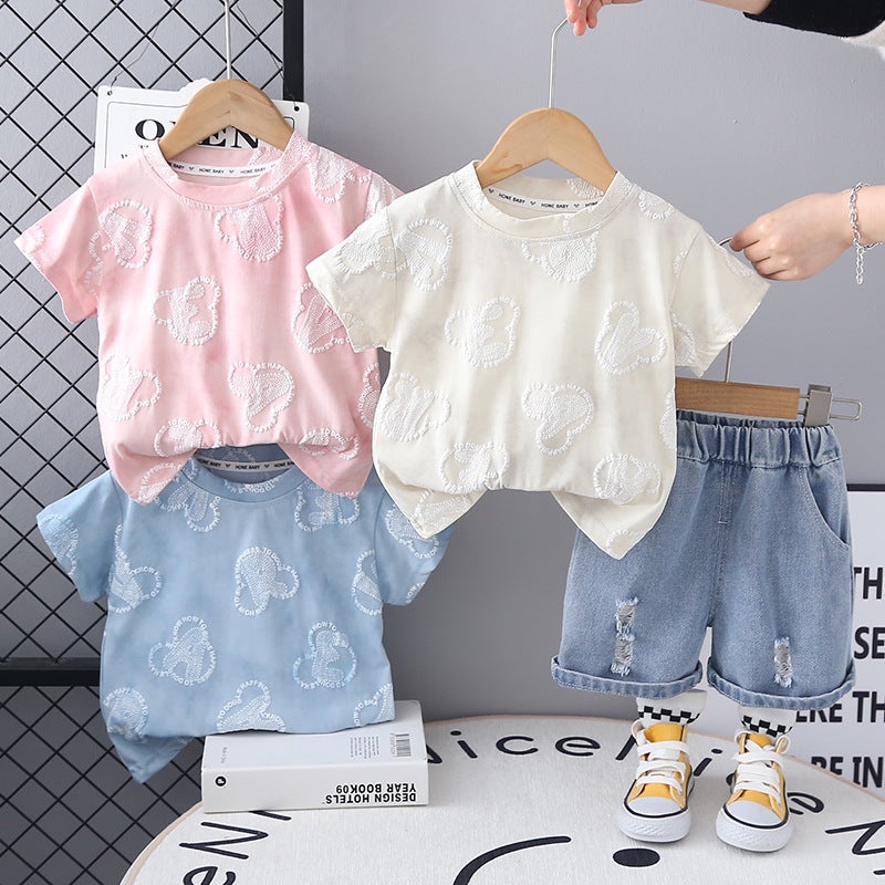 Children'S Creative Embroidered Bear Head Breathable Loose Simple Suit Trendy Short-Sleeved T-Shirt Two-Piece Set - Image 3