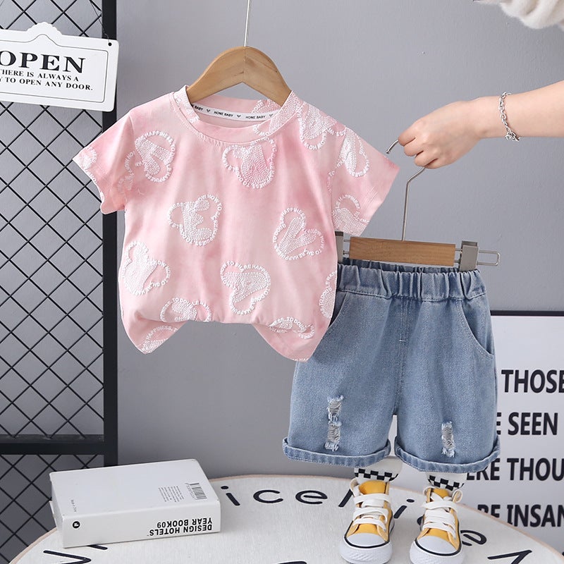 Children'S Creative Embroidered Bear Head Breathable Loose Simple Suit Trendy Short-Sleeved T-Shirt Two-Piece Set - Image 2