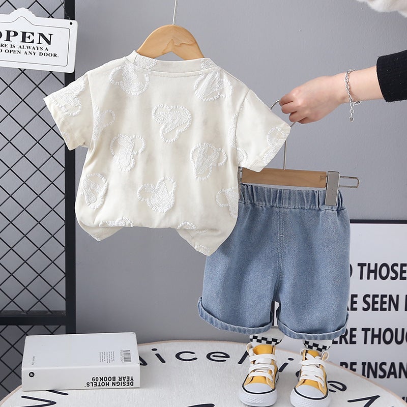 Children'S Creative Embroidered Bear Head Breathable Loose Simple Suit Trendy Short-Sleeved T-Shirt Two-Piece Set - Image 5