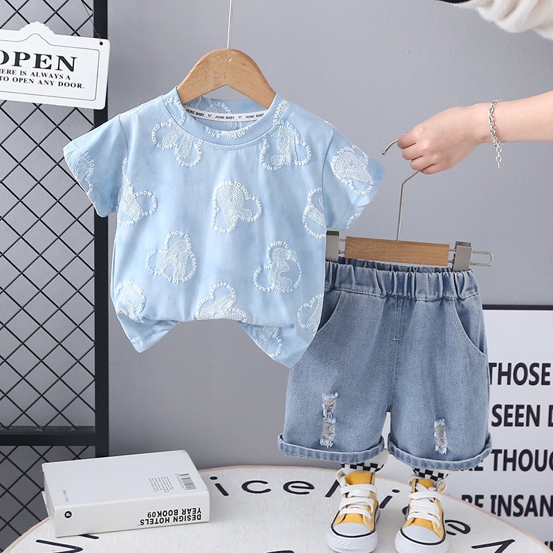 Children'S Creative Embroidered Bear Head Breathable Loose Simple Suit Trendy Short-Sleeved T-Shirt Two-Piece Set - Image 4