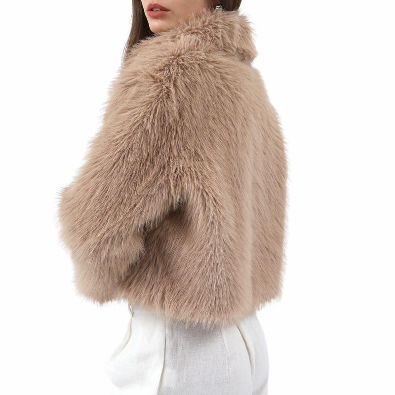 Amazhiyu Womens Faux Fur Zip-Up Cropped Jacket Long Sleeve Warm Winter Coat Khaki, Medium - Image 2