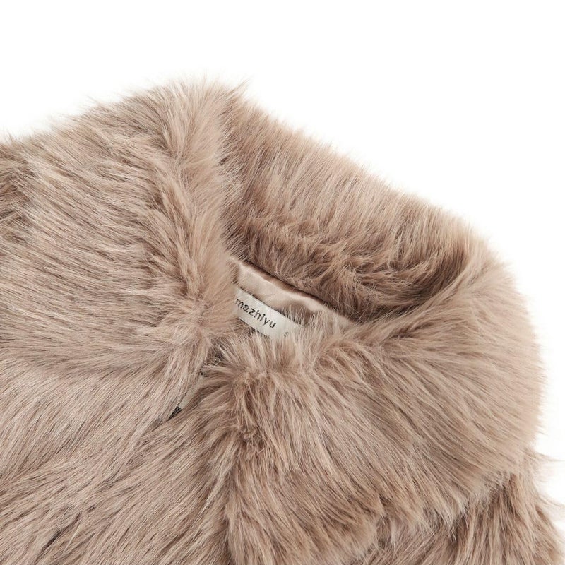 Amazhiyu Womens Faux Fur Zip-Up Cropped Jacket Long Sleeve Warm Winter Coat Khaki, Medium - Image 4