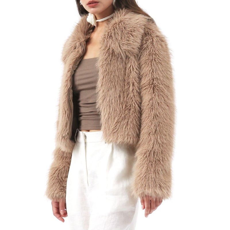 Amazhiyu Womens Faux Fur Zip-Up Cropped Jacket Long Sleeve Warm Winter Coat Khaki, Medium - Image 3