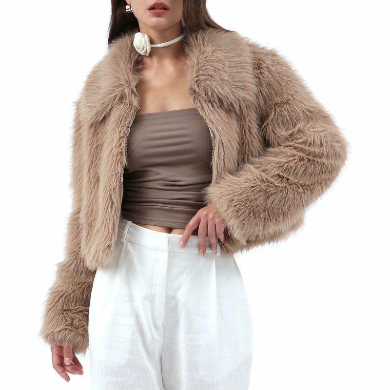 Amazhiyu Womens Faux Fur Zip-Up Cropped Jacket Long Sleeve Warm Winter Coat Khaki, Medium - Image 1