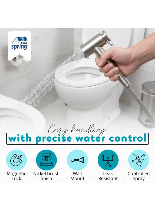 Euro Spring Magnetic Shattaf Handheld Bidet Sprayer – 2 Spray Modes, Powerful Pressure Control Lever, Stainless Steel Brushed Nickel, Wall Mount Holder & Spiral Hose - Image 3
