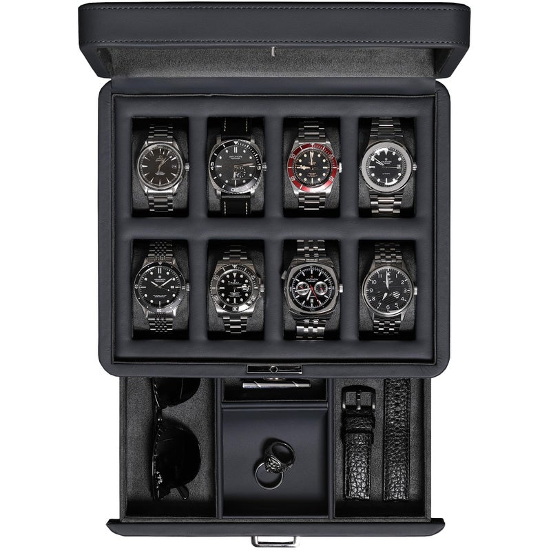 ROTHWELL 8 Slot Leather Watch Box with Valet Drawer - Luxury Case Display Jewelry Organizer, Locking Display Case Holder with Real Glass Top - Watch Box Organizer for Men & Women (Carbon) - Image 4