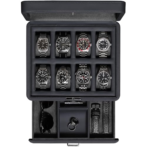 ROTHWELL 8 Slot Leather Watch Box with Valet Drawer - Luxury Case Display Jewelry Organizer, Locking Display Case Holder with Real Glass Top - Watch Box Organizer for Men & Women (Carbon) - Image 1