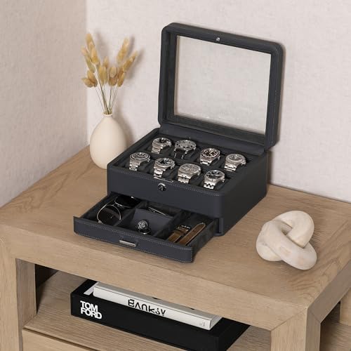 ROTHWELL 8 Slot Leather Watch Box with Valet Drawer - Luxury Case Display Jewelry Organizer, Locking Display Case Holder with Real Glass Top - Watch Box Organizer for Men & Women (Carbon) - Image 2