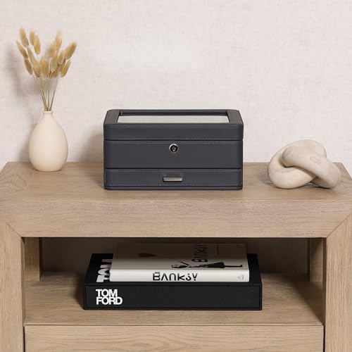 ROTHWELL 8 Slot Leather Watch Box with Valet Drawer - Luxury Case Display Jewelry Organizer, Locking Display Case Holder with Real Glass Top - Watch Box Organizer for Men & Women (Carbon) - Image 3