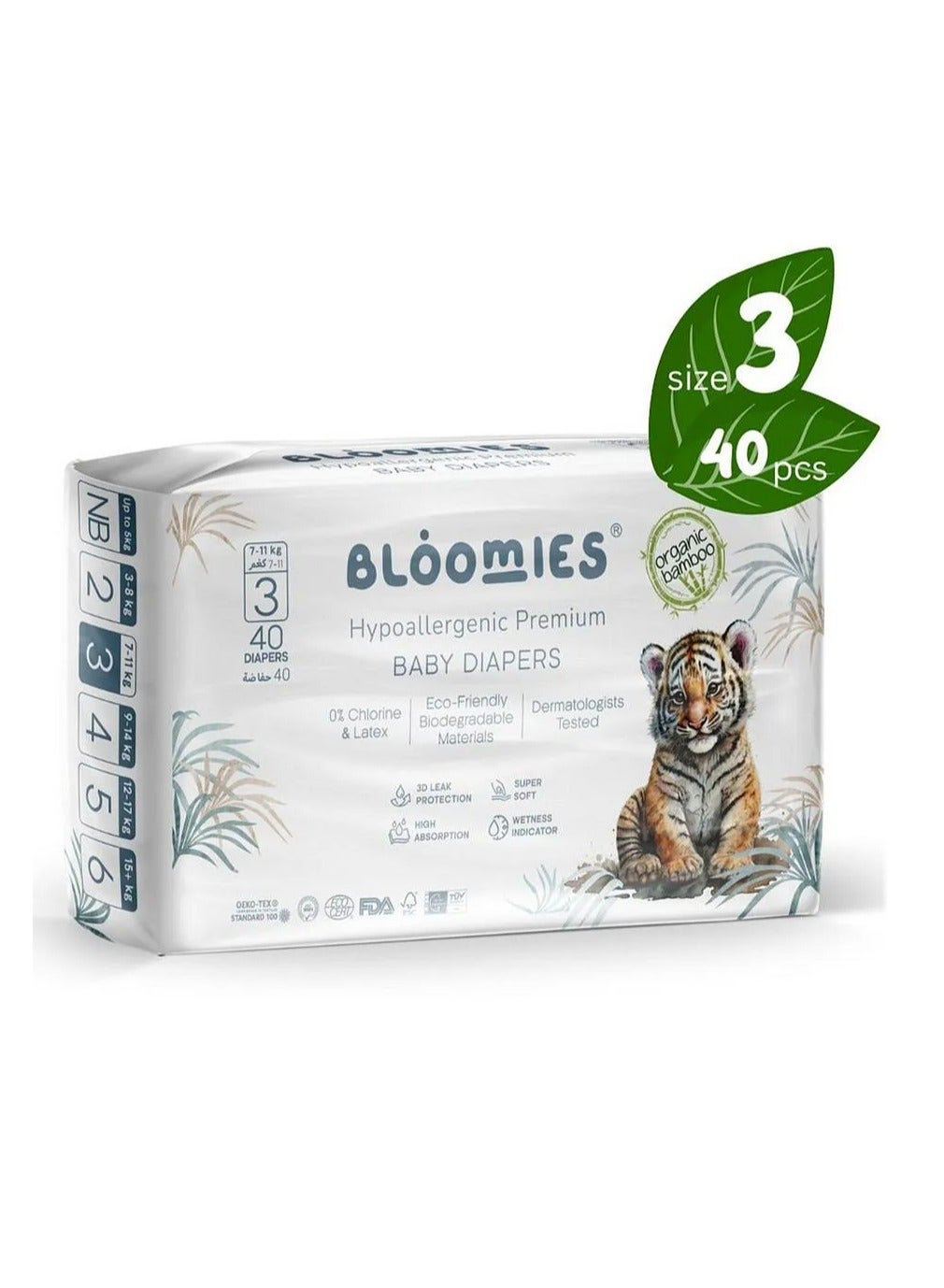 Bloomies Organic Bamboo Premium Tape Style Baby Diapers, 40 Pieces, Size 3, Hypoallergenic, 3D Leak Protection, Wetness Indicator, Super Soft