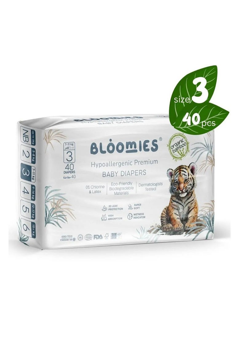 Bloomies Bloomies Organic Bamboo Premium Tape Style Baby Diapers, 40 Pieces, Size 3, Hypoallergenic, 3D Leak Protection, Wetness Indicator, Super Soft 