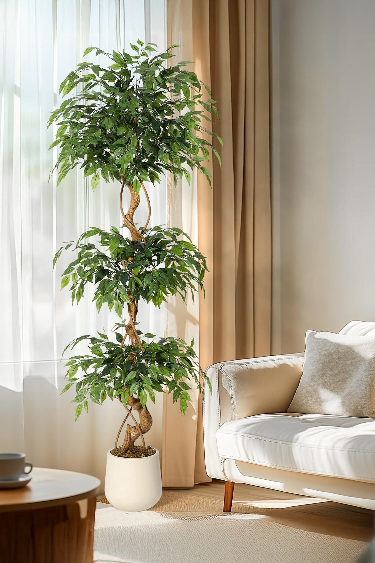 Ficus Artificial Tree with Curved Trunk, 120cm/150cm/180cm Faux Plant Fake Silk Trees with White Pot, Fake Ficus Tree for Home Decor, Artificial Plants Indoor for Indoor Office Living Room