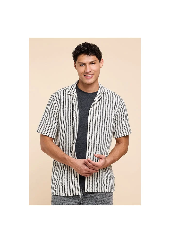 أر أند بي Striped Shirt with Reverse Collar and Short Sleeves